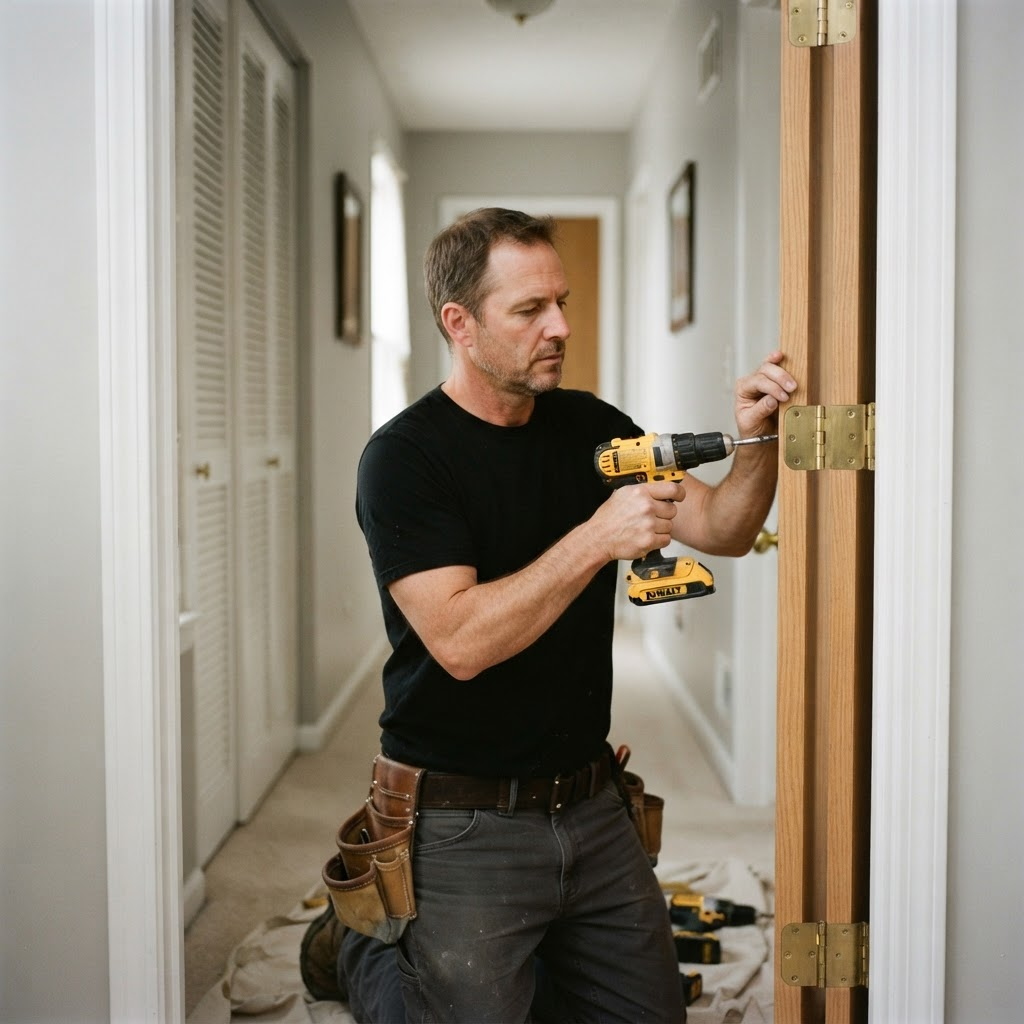 A deadbolt being installed on an exterior door