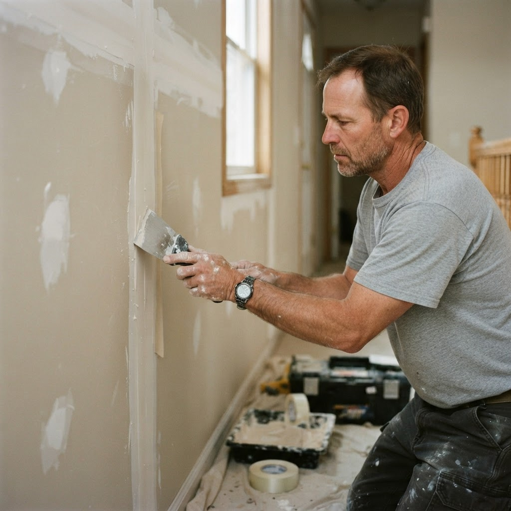 A patched and smoothed section of drywall