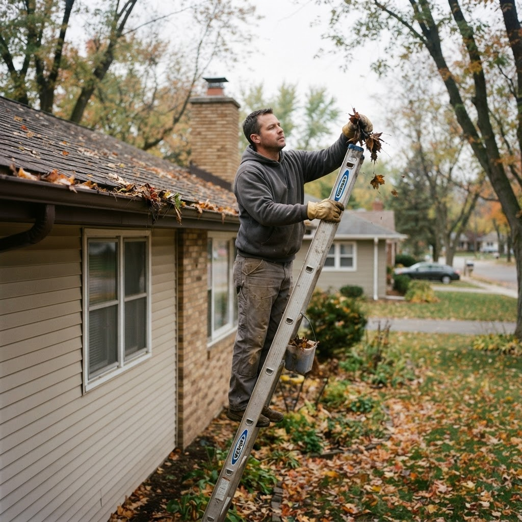 A professional cleaning gutters from a ladder on a ranch home