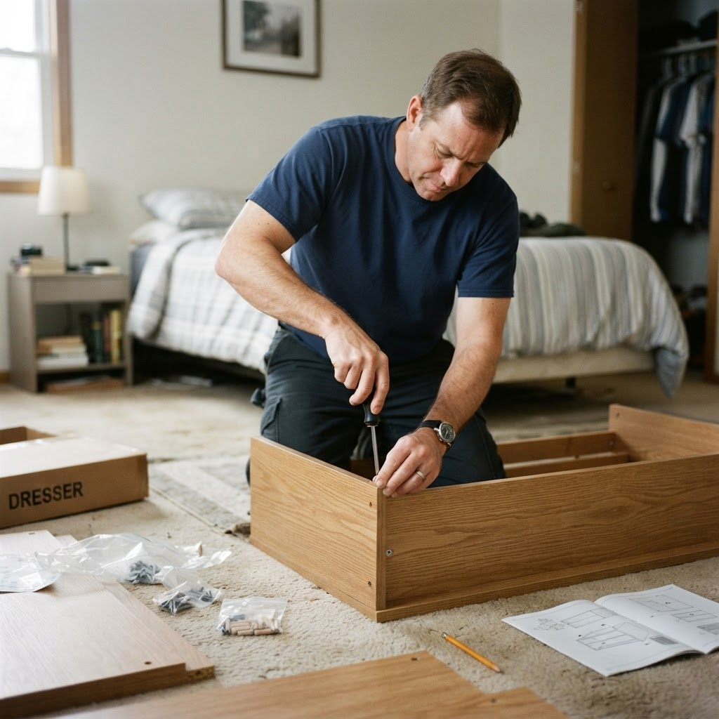A professional assembling a flat-pack dresser in a bedroom