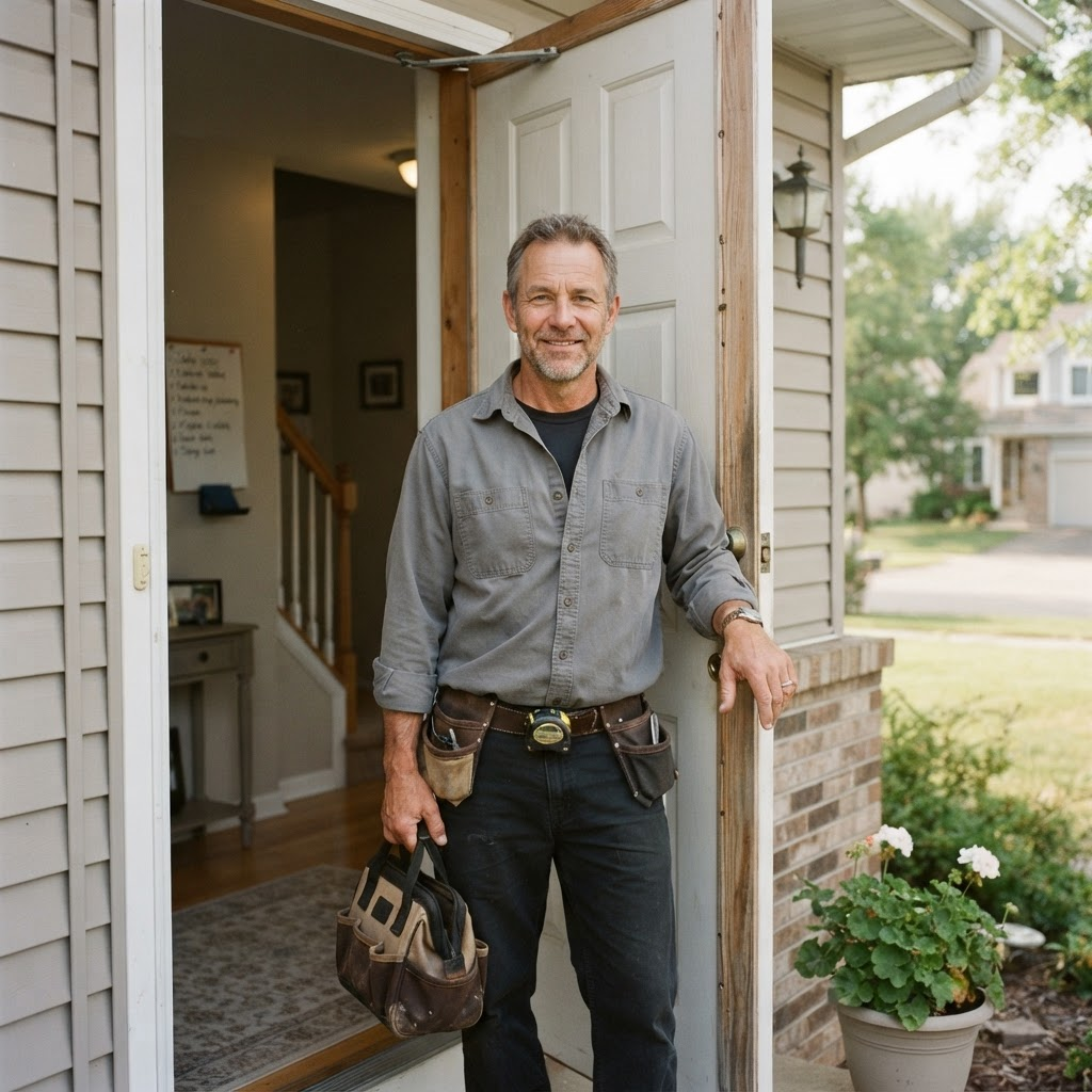A friendly handyman with a tool bag at the door of a suburban home