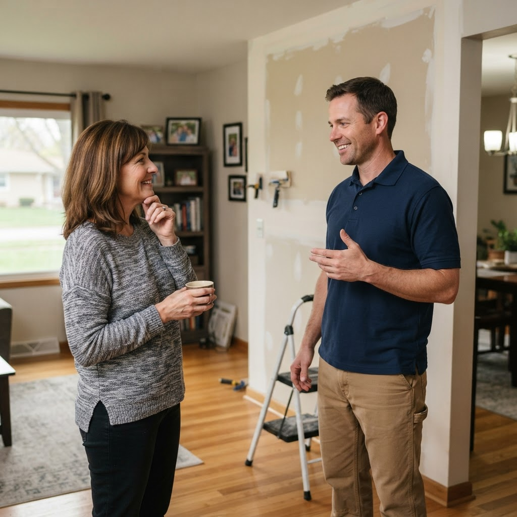 A friendly professional talking with a homeowner about a project inside their home