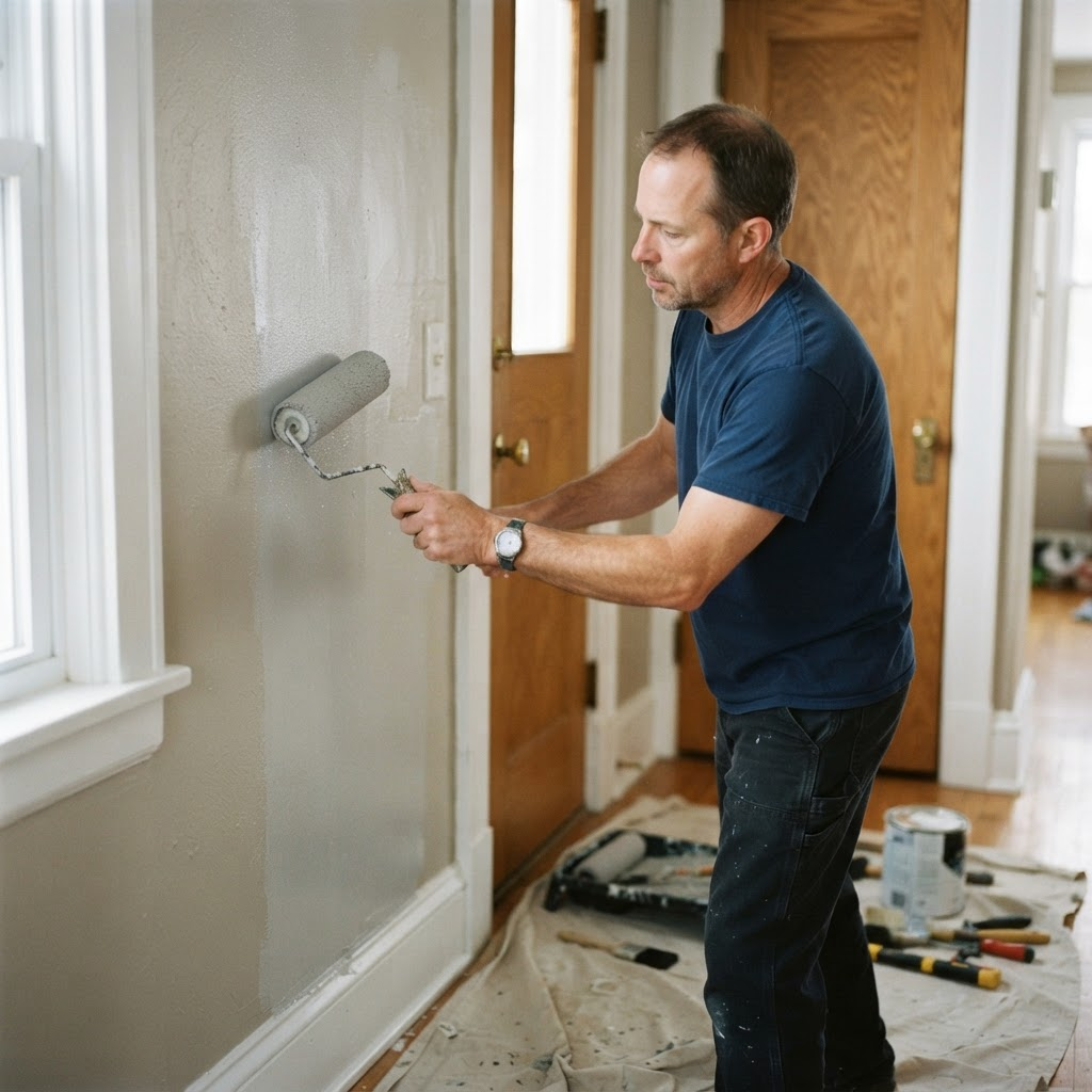 A professional touching up interior wall paint