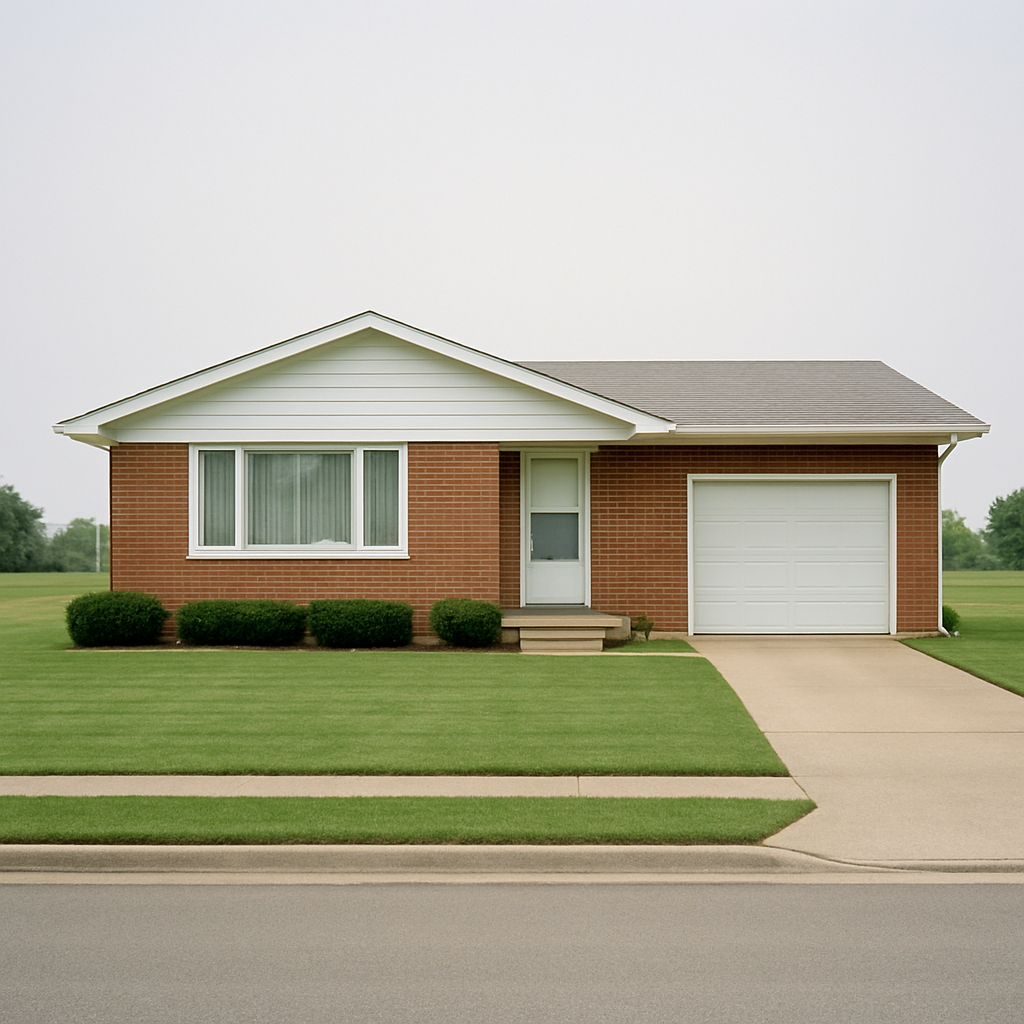 Well-kept mid-century brick-and-siding home with a neat lawn on a flat open Marshfield street