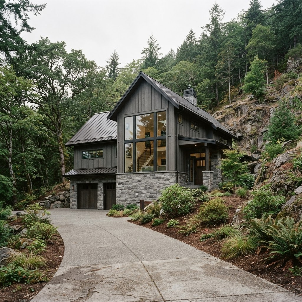 Contemporary stone-and-siding two-story home set against a wooded bluff in Rib Mountain
