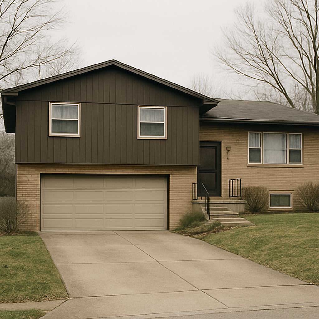 1970s tan-brick split-level home with a sloped driveway in Rothschild in early spring