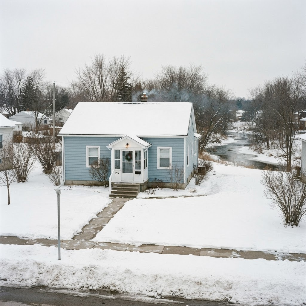 Modest light-blue home near a small river in Schofield with light snow on a gray winter day