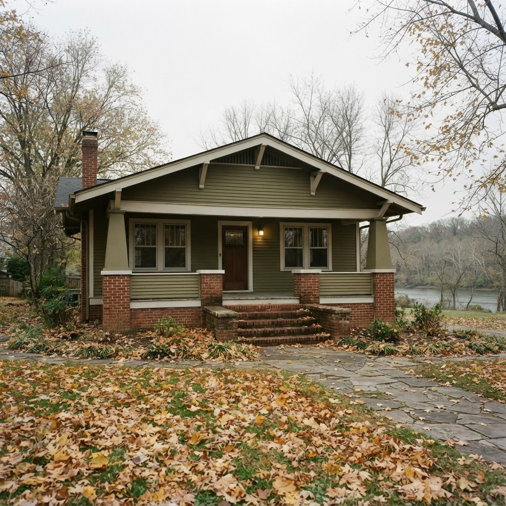 1920s craftsman bungalow with tapered porch columns in a Wausau riverside neighborhood in late autumn