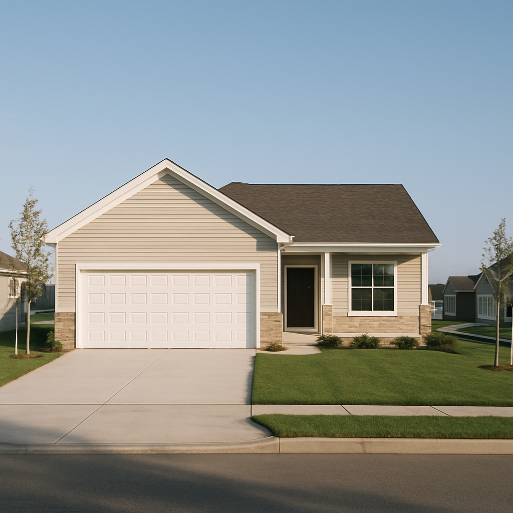 Newer vinyl-sided ranch home with an attached garage in a Weston subdivision on a summer morning