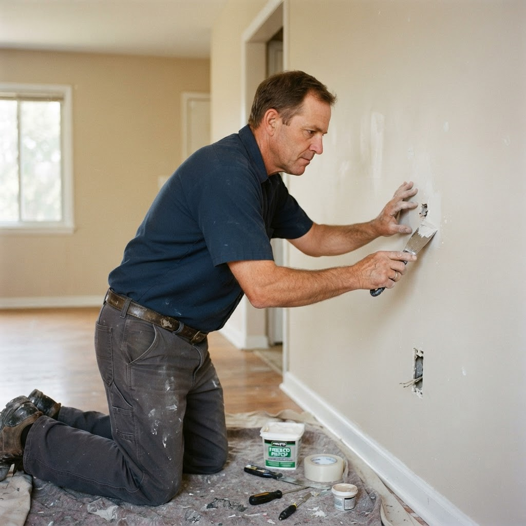 A professional doing punch-list repairs in an empty rental unit