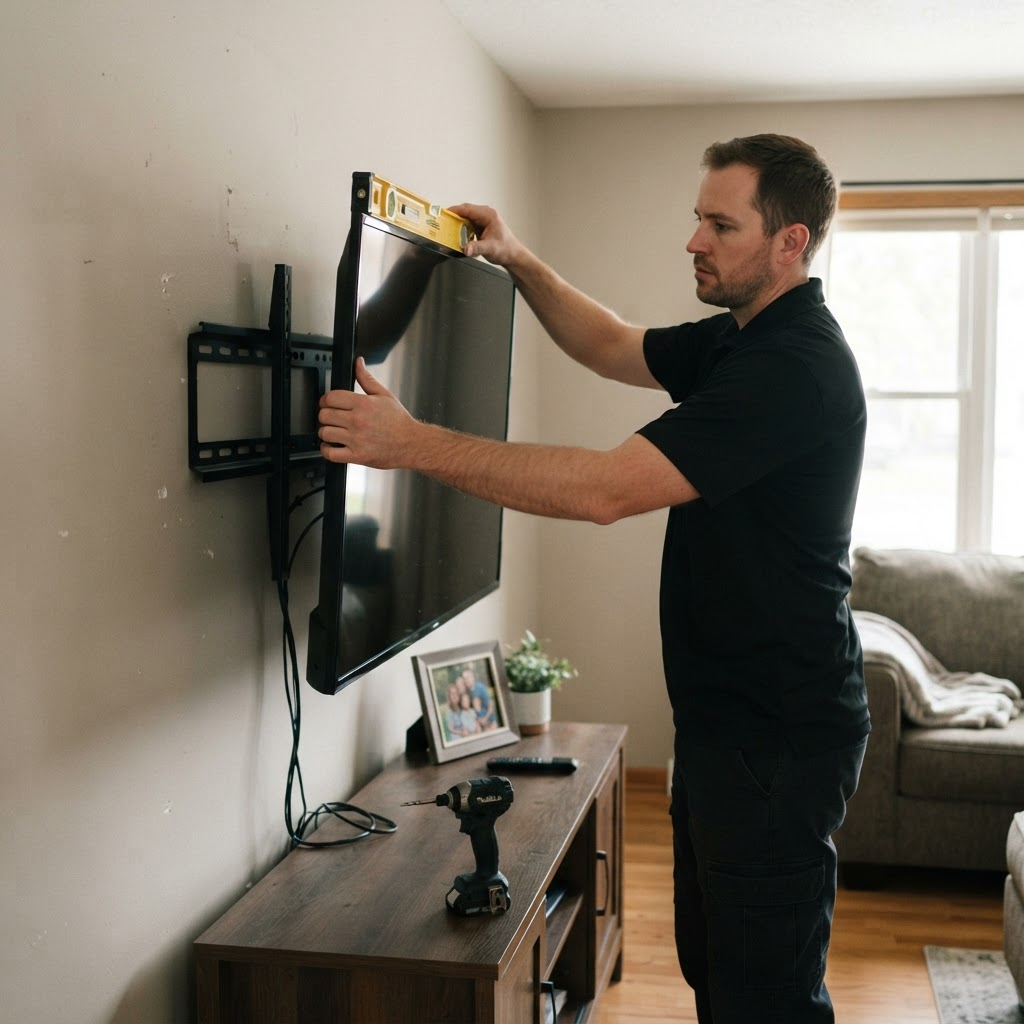 A professional mounting a flat-screen TV on a living room wall